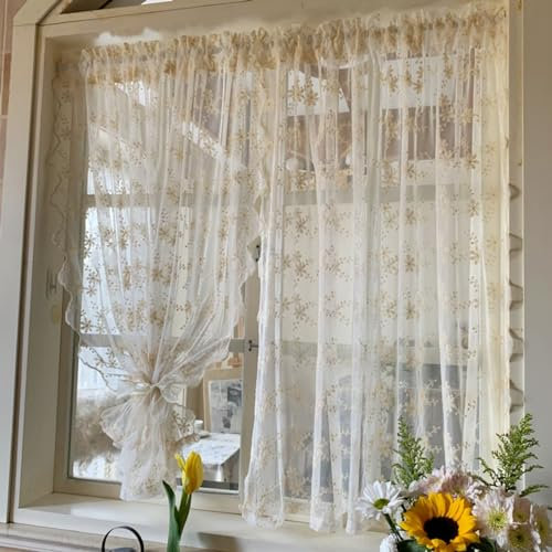Yaland Landhausstil Scheibengardinen mit Stickerei Blumen Muster transparente Gardinen mit gebogten Abschluss Kurzstore 1 Stück Beige HxB 45x130cm