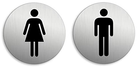 Señales Aseos Baño Mujeres Hombres Ø 75 mm Cartel Placa Aluminio cepillado adhesivo Conjunto de 2