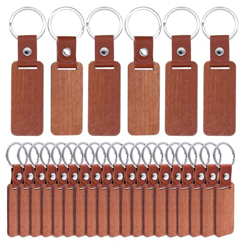 Piuluvor® 25 Stück Holz Schlüsselanhänger Rechteckig Schlüsselanhänger aus Holz und Leder Blanko Schlüsselanhänger für DIY Gravur Bemalen