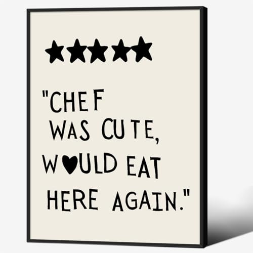 Trendiges, lustiges Leinwandbild, Motiv: Chef Was Cute Would Eat Here Again, 30,5 x 40,6 cm, schwarzer gerahmt, minimalistisches Herz, Retro-ästhetischer Druck für Küche, Esszimmer, Wanddekoration