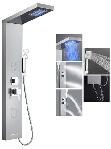 KEOKBON LED Duschpaneel Edelstahl mit Armatur 5 Wasserausgabemodi, Regendusche Rückenmassage(Massagedusche und Nebeldusche) Wanneneinlauf Handbrause, Duschpaneele Duschsystem paneel Badezimmer