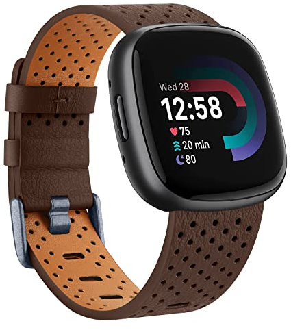Wanme Armband für Fitbit Versa 4 / Sense 2 - Weiches Leder Ersatzband für Damen und Herren, Wasserdichtes Sport Uhrenarmband, Groß Braun