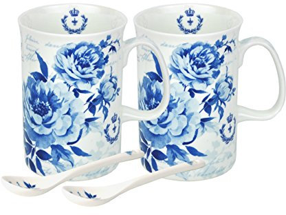 MamboCat 2er Set Teetassen mit Löffel I 2 Personen I 2x Teetassen + 2 x Löffel I 300ml I mit blauem Rosenmuster I Fine Bone China Porzellan I Teetasse I Geschenkbox