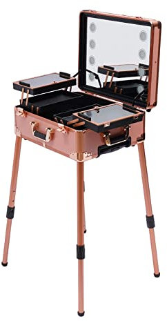 czyuRachel Mallette de maquillage professionnelle à 4 roulettes, éclairage, miroir, pieds réglables pour maquilleurs professionnels, coiffeurs, 67,5 x 51 x 29 cm, or rose, Or rose