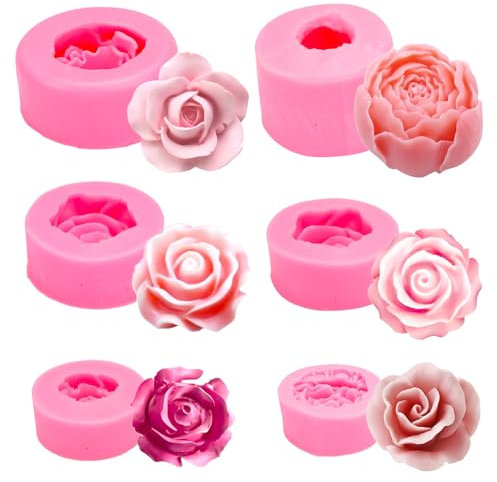 6 Stücke 3D Silikonform Blumen,Silikonform Kerzen,Silikonformen Blumen,Pfingstrose Silikonform,Rose Blumenform,Silikonform Fondant Rosen für handgefertigte Kuchendekoration,Schokolade,Epoxidguss,Harz