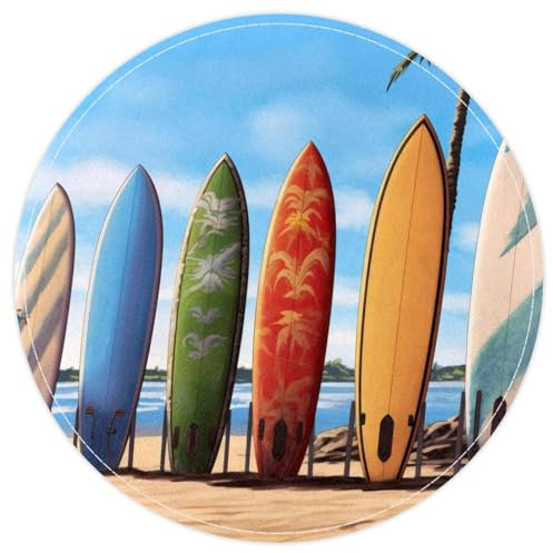 FVQL Runder Teppich für Badezimmer, Strand, Surfbrett, klein, waschbar, 40 x 40 cm