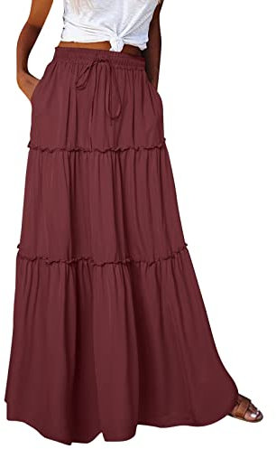 Maxi gonna da donna a vita alta tinta unita estate zingara gonne mezza abito hip hop elegante stampato zingaro gonna midi swing estate primavera, Rosso, M