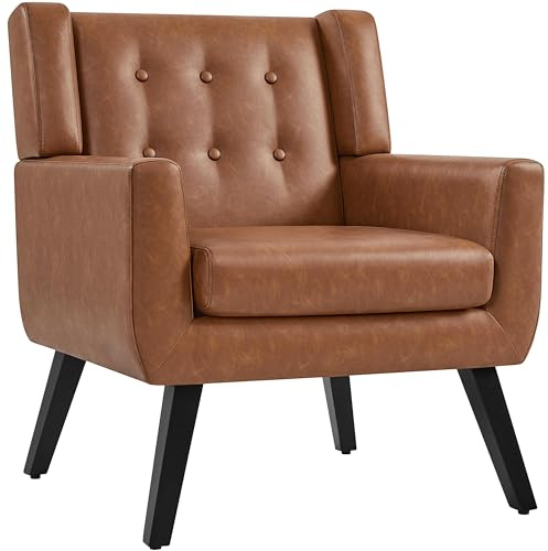 Yaheetech Tub Chair, Modern Button Tufted Armchair, PU Leather, Retro Brown