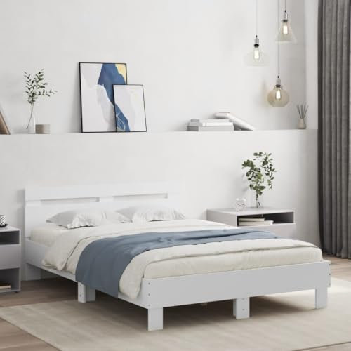vidaXL Small Double Bed Frame with LED Headboard - Contemporary Engineered Wood Design, Customisable RGB Lighting, White, 120x190 cm