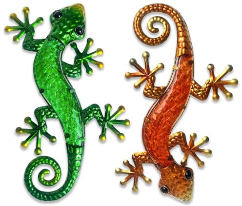 HONGLAND Metall-Wandkunst, Gecko/Eidechse, Outdoor-Dekoration, hängende Glas-Skulptur, Wandkunst-Dekorationen für Garten, Zaun, Zuhause, 2 Stück, 38,1 cm, Grün/Orange