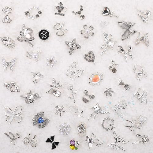 50Pcs Silver Nail Gems 3D Y2K Nail Gems Nail Rhinestones Butterfly Bowknot Flower Pearl Charmst for Nail Ar Design Jewelry Making DIY Craft(Mixed Style)