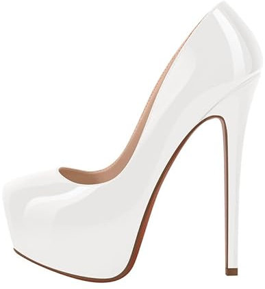 MissHeel Closed Toe Stiletto High Heels Pumps for Women Slip-on Invisible Platform Court Shoes Patent Leather Prom Wearing White Size 12