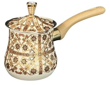 DimyFew Türkische Kaffeekanne, Butterwärmer, Kaffeezubereitung, Langer Holzgriff, Schmelztiegel, Milchwärmer, Kanne, Home Cafe, leicht zu reinigen, Braunes Muster, 550 Ml