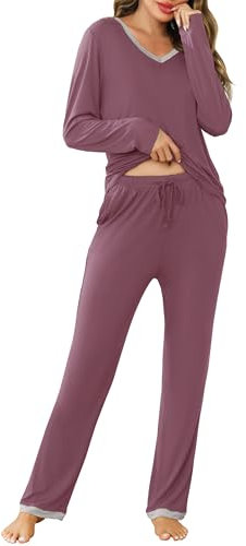 Lovasy Pigiama Cotone Donna Lungo Pigiama Due Pezzi Invernali Caldo a Maniche Lunghe con Scollo a V Sexy Lungo Pantaloni con Tasche,C Viola Chiaro,S