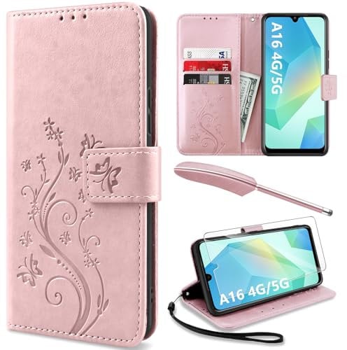 YIRSUR for Samsung Galaxy A16 Case with Screen Protector and Touch pen, Leather Flip Wallet Women Men Case Magnetic Closure Cover with Card Slots and Kickstand for Galaxy A16 5G/4G Phone Cover Pink