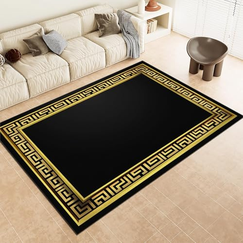 Teppiche Griechisches Muster Gold Rand Muster für Wohnzimmer Schwarz Dekor Teppich Weiche Maschinenwaschbarer Mikrofaserteppich 160 x 230 cm Rutschfester dekorativer Teppich für den Innenbereich