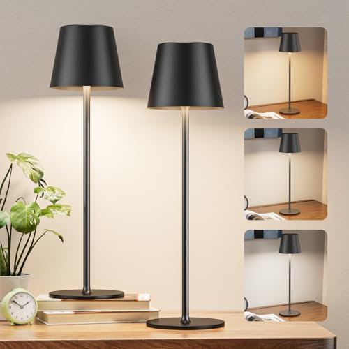 Aooshine Cordless Table Lamps Set of 2 Rechargeable, Battery Operated Lamp with 3-Color Modes, Portable Dimmable USB Touch Lamp for Bedroom, Living Room, Dining, Outdoor(Black)