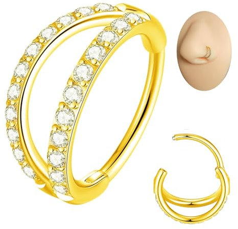 Popuhoops 20G 6mm Gold Double Open Stack CZ Nasenring Reifen 316L Chirurgenstahl Helix Rook Conch Knorpel Daith Tragus Ohrringe Scharnierbares Nostril Piercing Septum Clicker 0.8mm Lippenring