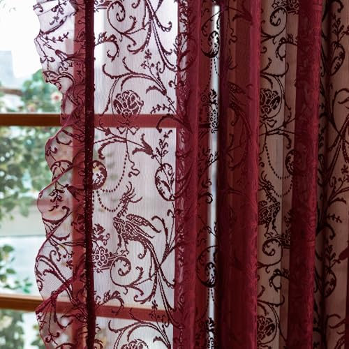 TUDECO Durchsichtige Vorhänge, Burgunderrot, 213 cm lang, für Wohnzimmer, luxuriöse, moderne Kastanienbraun-Spitzenvorhänge für Schlafzimmer, ästhetische Tüllstangen, lichtfilternd, Bauernhaus-rote