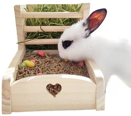 Heuraufe – Tierfutterbox | 2-in-1 hängender Futterspender für Kleintiere Zwergkaninchen Meerschweinchen Holz Doppelzone separates Chinchilla-Futtergestell Chinchilla-Käfig Zubehör