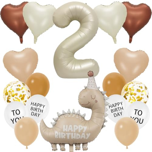 18 Stück Dino Luftballon 2. Geburtstag Junge Mädchen, Dino Geburtstagsdeko 2 Jahr Set, Cream Colored Dinosaurier Deko 2. Geburtstag, Dinosaurier Folienballon für Birthday Party