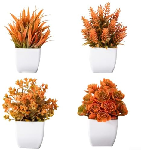 Künstliche Pflanzen 4er Set mit Töpfen Mini Lavendel für Wohnzimmer, Bad und Küche Dekor (Weiß)