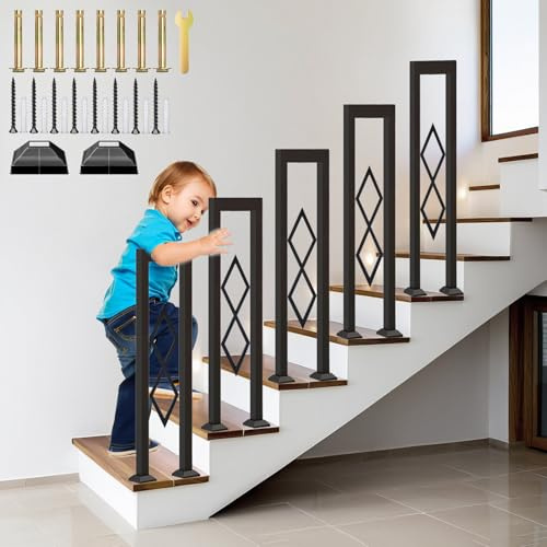 YUJEYHD Ringhiera per Scale Forma di U, Metallo Corrimano con Diamante e Base Coperta, Passamano Interna per Loft, Balcone, Balaustra Esterna, Installazione Verticale (Nero, 90cm)