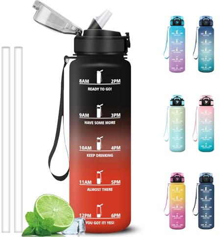 Grsta Gourde Sport 1 litre, Gourdes avec Paille, Verrou de Sécurité, Gourde Graduée pour 1 Journee, avec Marqueur de Temps, Anti Fuite Bouteille Motivation pour Voyages, Velo, Cyclisme