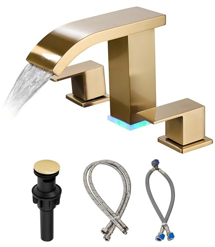 Grifos de baño de cascada de oro cepillado, grifo de fregadero moderno generalizado de 8 pulgadas, táctil en 3 agujeros y 2 asas, grifo de lavabo de baño dorado con luz LED (oro cepillado)