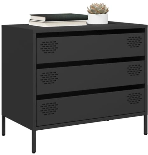 WRJENFSC Sideboard Schwarz 68x39x58,5 cm aus Kaltgewalztem Stahl Robuste Metallkommode mit 3 Schubladen Modernes Industrial Design für Wohnzimmer Flur Büro und Küche