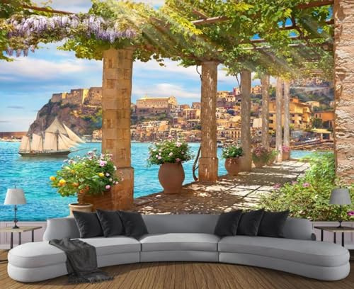 Papier Peint Panoramique Colonne Porte Fleurs Par La Mer 310x250cm Papier Peint 3D Intissé Tapisserie Poster Chambre Salon Decoration Murale -MIWEI Wallpaper-ZXY-29714