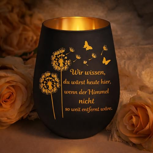 Trauergeschenk Teelichthalter, Trauerkerze Windlicht Schwarz Gold, Trauerlicht Design, Trauerkerzen mit Spruch für Verstorbene, Trostspender Deko