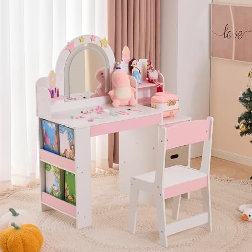 LALAHO 2 en 1 Coiffeuse pour Enfants et Miroir LED, Coiffeuse Fille avec Tabouret,Bibliothèque pour Enfants, Tiroirs en Tissu et Tiroirs en Bois, Crochets à Bijoux,pour Les 4-9 Ans (Blanc & Rose)