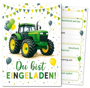 JuNa-Experten 12 Einladungskarten Kindergeburtstag Junge Mädchen Kinder Traktor Bauernhof coole bunte Einladungen Geburtstag Einschulung Geburtstagseinladungen Jungsgeburtstag