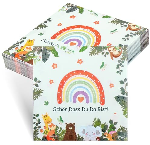 100 Stück Servietten Geburtstag, Servietten Schön Dass Du Da Bist, Geburtstagsservietten Kinder Regenbogen Deko, Bunt Taufe-Servietten Babyparty mit Spruch Waldtiere für Kindergeburtstag, 33 x 33 cm