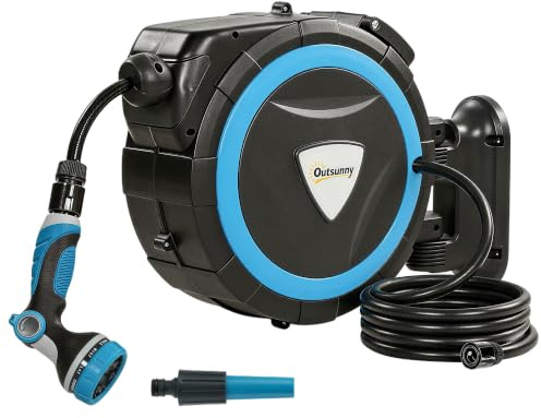 Outsunny Avvolgitore Tubo Irrigazione Parete Automatica 14+1,5m 10+2 Modalità Blu