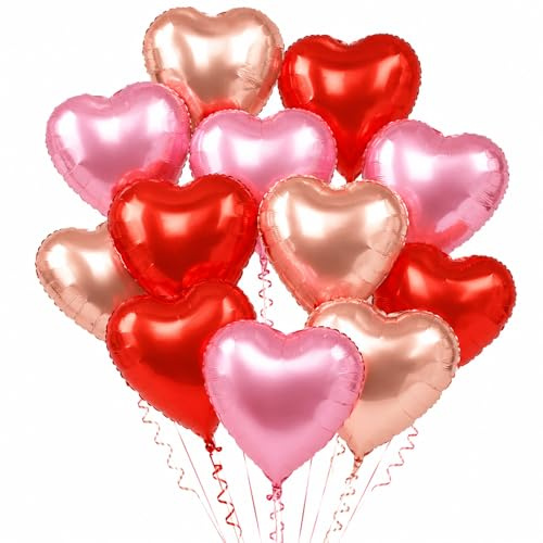 Fesnova Herz Folienballons, 12 Stück Herzluftballons Roségold Rot Rosa, 12 Zoll Luftballons Herz, Herzballons Helium, für Hochzeit, Geburtstagdeko, Valentinstag, Verlobung