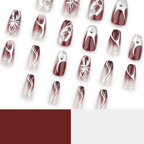 Ongles de Ballet courts en acrylique, 24 pièces, fleur de flamme argentée, couvertures complètes à pression, à coller pour femmes