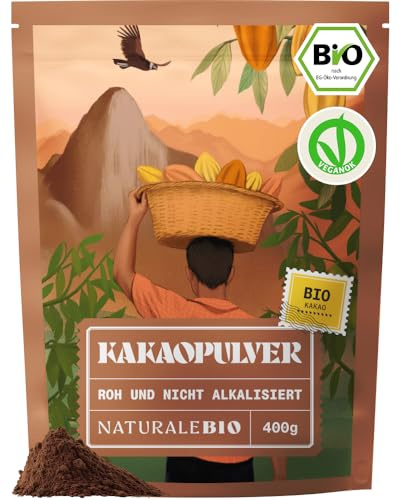 NaturaleBio Bio Kakaopulver Schwach Entölt Nicht Alkalisiert | 400 g. Schwermetallgeprüftes, nicht alkalisiertes, ungesüßtes Kakaopulver für Smoothies, Bowls, zum Backen und Getränke.
