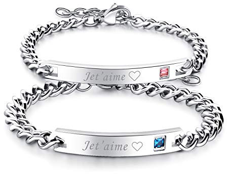 Flongo 2PCS Bracelets Couple Acier Inoxydable Je T’Aime-Bracelets Gourmettes Composés Zircon pour Couples Amoureux Femme Homme Or Rose&Noir Cadeaux Noël Saint Valentin Mariage …