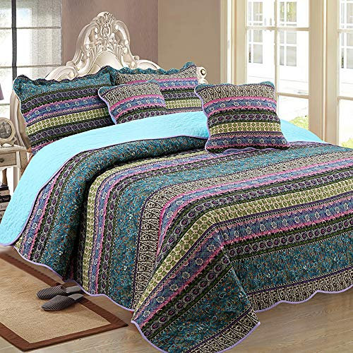 Luofanfei Bettüberwurf Tagesdecke 270x250 cm Bett Baumwolle Boho Patchwork Stil Muster überdecke Steppdecke Quilt Gesteppt Sofaüberwurf Couch Vintage Schlafzimmer mit Kissen Set Grün Blau