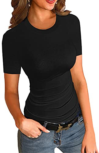 Womens Crewneck Short Sleeve Ribbed T-Shirt Slim Fit Tops Solid Basic Tee Black