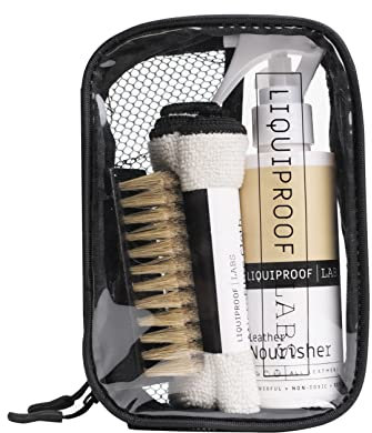Liquiproof LABS Leather Shoe Care Kit. Leather Nourisher cream 125ml with a gentle hog hair brush and a microfibre cleaning cloth in a reusable travel bag. Contains nourishing beeswax.