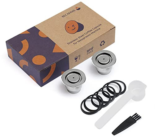 Tasse à capsule de café rechargeable, capsules de café en acier inoxydable pour Nespresso, compatible avec la machine à café Nespresso (2 tasses + 5 joints toriques en silicone de rechange)