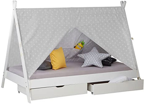 Homestyle4u 2082, Kinderbett Tipi 90x200 mit Matratze Lattenrost Bettkasten Weiß Bett Holzbett Kinderzimmer