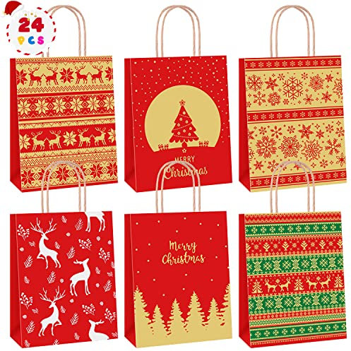 24 Stk Geschenktüten Weihnachten, Weihnachtstüten 27 x 21 x 11 cm, Papiertüten Braun, Kraftpapier Tüten, Geschenktaschen mit Henkel, Geschenktaschen Weihnachten Mittel, Christmas Bags for Gift.