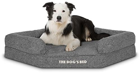 The Dog's Bed Orthopädisches Eck-Hundebett, Memory-Schaum, wasserdicht, groß, graues Leinen, lindert Arthritis und Hüftdysplasie, therapeutisch und stützend, waschbarer Leinen-Stoffbezug