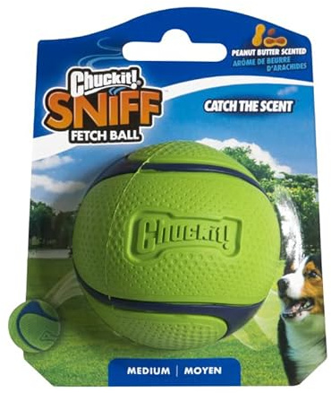 Chuckit! Sniff Peanut Butter Scented Dog Ball Rubber Toy, Medium (1-Pack) | Scented Ball, Compatible with Launchers, For Fetch Play, Medium Size for Small & Medium Dogs