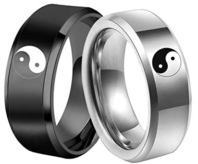 Homxi Anillo Hombre Anillos Mujer,Anillo de Pareja Personalizado Anillos de Matrimonio Acero Inoxidable 8MM Anillo Plata Negro con Yin Yang Mujer 17(57mm) + Hombre 27(67mm)