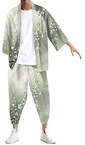 2 Teile Outfit Herren Traditionelles Kimono-Set Japanisches Kimono Cardigan und Pluderhosen Anzug in Übergröße Kostüm Freizeitanzug Trainingsshirt Shorts Sets Japanisch Bademantel